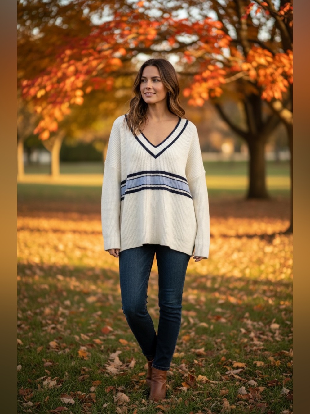 wild fable Cream V-Neck Sweater with Navy & Light Blue Stripes
